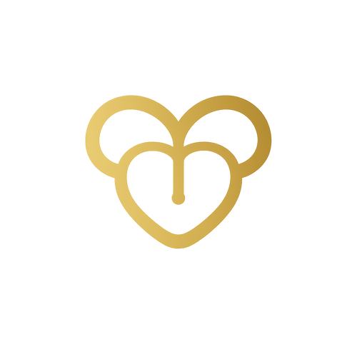 Gold heart-shaped logo on a white background